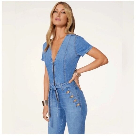 Ramy Brook Helena Denim Jumpsuit Light Wash Short Sleeve Zip Wide Leg Size 24 - Picture 2 of 11